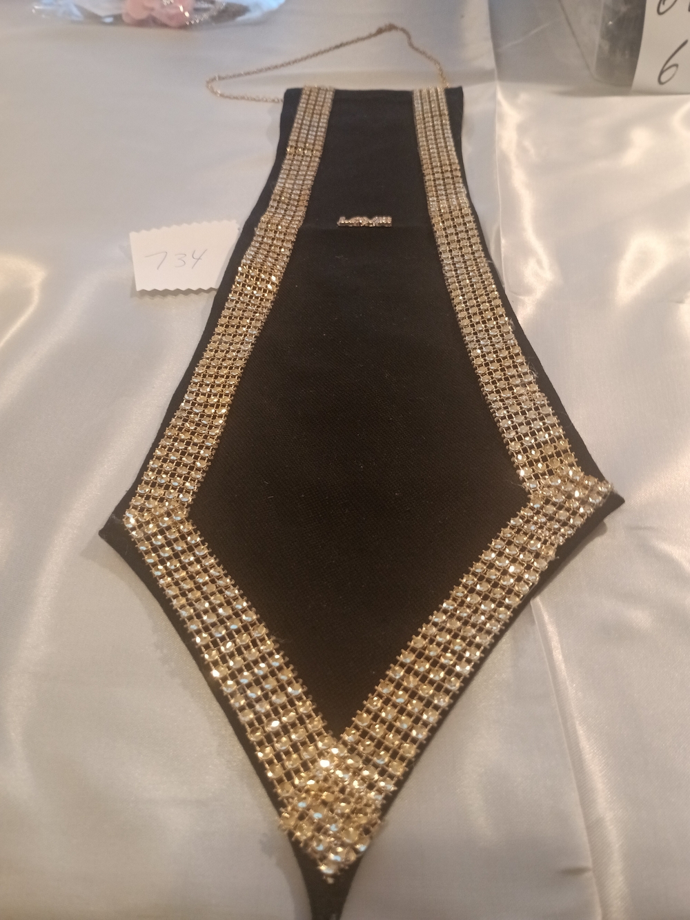 Black Evening Neckpiece Necklace with Gold Rhinestone Trim